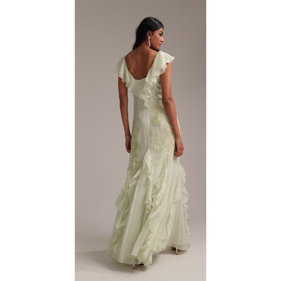 ASOS Embroidered Flutter Sleeve Maxi Dress Frill Hem Light Green Womens Size 12 - Picture 3 of 16